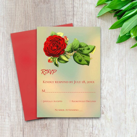 Elegant red roos romantic framed floral Wedding RSVP Kaartje
