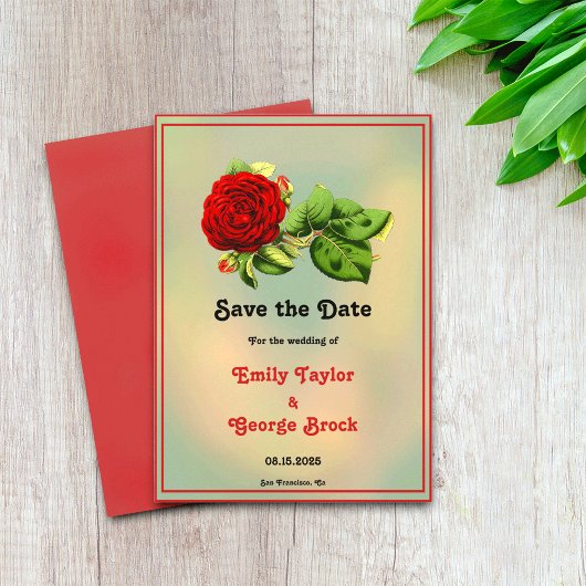 Elegant red roos romantic framed floral Wedding Save The Date
