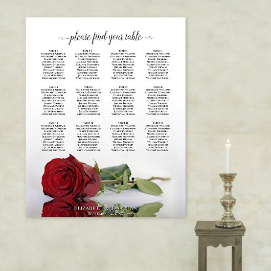 Elegant Red Rose 12 Table Wedding Seating Chart Poster