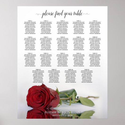 Elegant Red Rose 19 Table Wedding Seating Chart Poster (Voorkant)