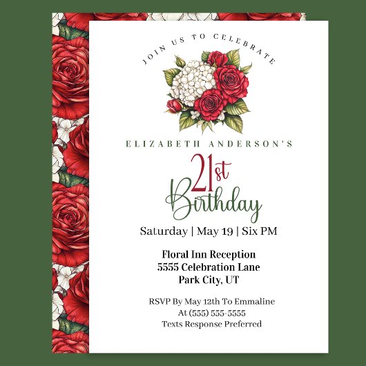 Elegant Red Rose 21st Birthday Kaart