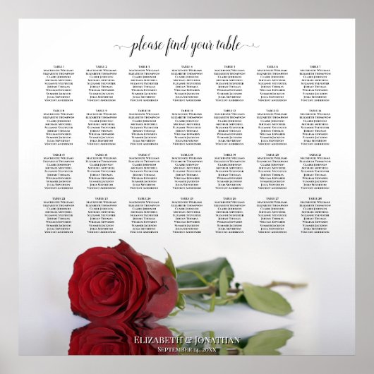 Elegant Red Rose 28 Table Wedding Seating Chart Poster (Voorkant)