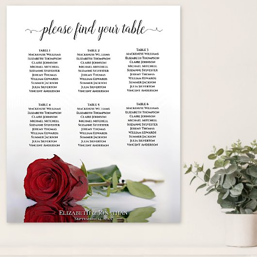 Elegant Red Rose 6 Table Wedding Seding Chart Poster