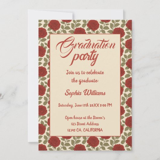 Elegant Red Rose Afstuderen Uitnodiging met foto's (Voorkant)
