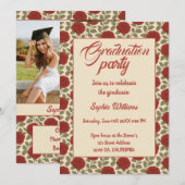 Elegant Red Rose Afstuderen Uitnodiging met foto's (Voorkant / Achterkant)