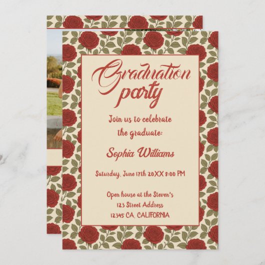 Elegant Red Rose Afstuderen Uitnodiging met foto's (Voorkant / Achterkant)