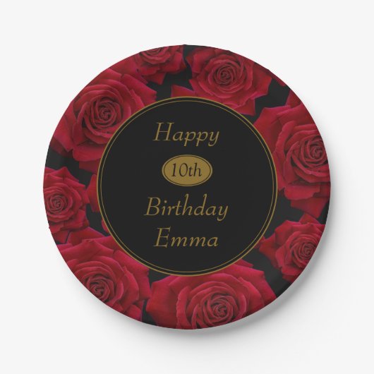 Elegant Red Rose Any Age Birthday Party Papieren Bordje (Voorkant)