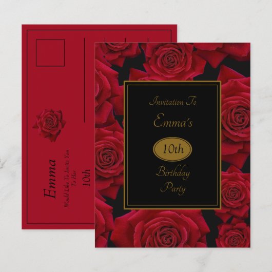 Elegant Red Rose Birthday Party Invitation Uitnodiging Briefkaart (Voorkant / Achterkant)