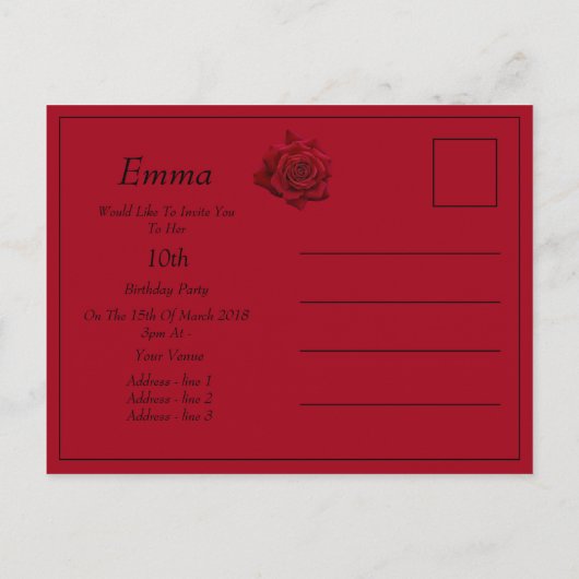 Elegant Red Rose Birthday Party Invitation Uitnodiging Briefkaart (Achterkant)