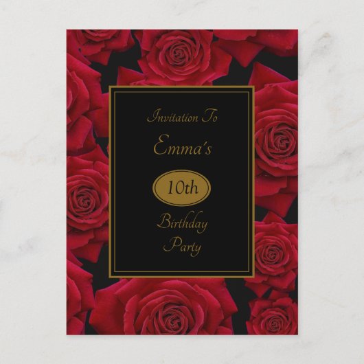 Elegant Red Rose Birthday Party Invitation Uitnodiging Briefkaart (Voorkant)