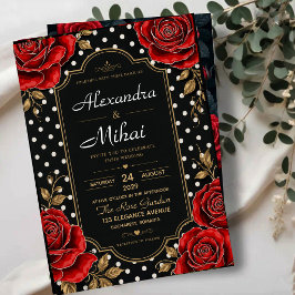 Elegant Red Rose Black and Gold Floral Polka Dot Acryl Uitnodigingen