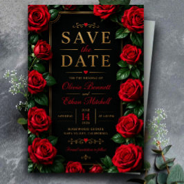 Elegant Red Rose Black and Gold Luxury Floral Save The Date