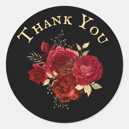 Elegant Red Rose Bloemen Goud Boeket Dank u Ronde Sticker (Voorkant)