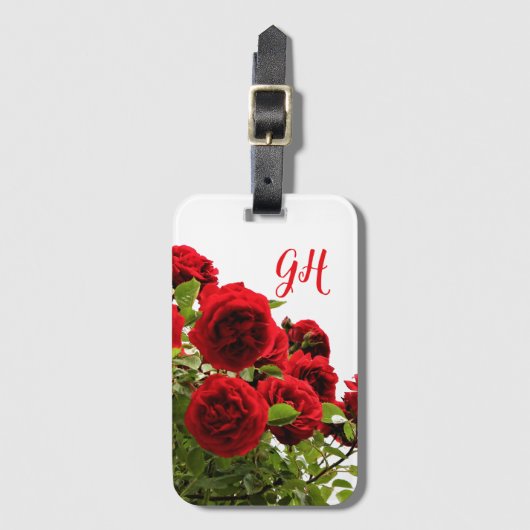 Elegant Red Rose Bouquet Monogram Bagagelabel (Voorkant (verticaal))
