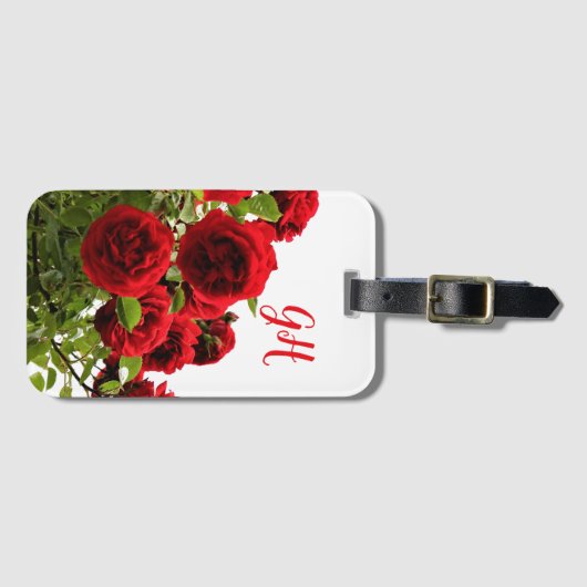 Elegant Red Rose Bouquet Monogram Bagagelabel (Voorkant (horizontaal))