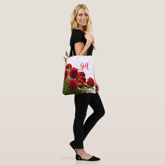 Elegant Red Rose Bouquet Monogram Tote Bag (Op model)