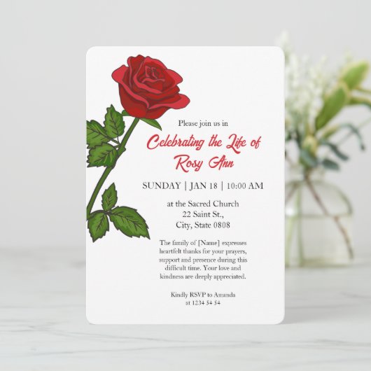 Elegant Red Rose "Celebrating the Life" Funeral Kaart (Staand voorkant)