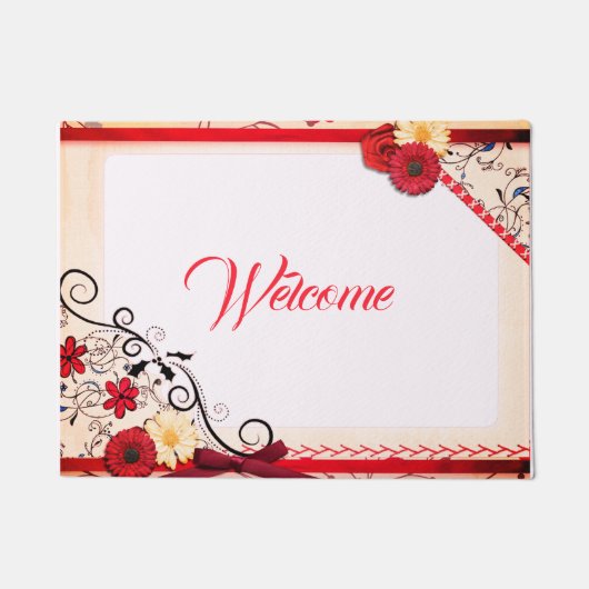Elegant Red Rose Crimson Border Black Ornamental Deurmat (Voorkant)