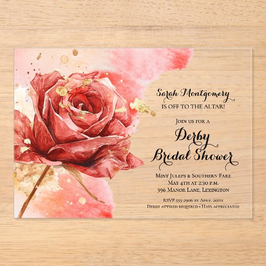 Elegant Red Rose Derby Vrijgezellenfeest Acryl Uitnodigingen (Voorkant)