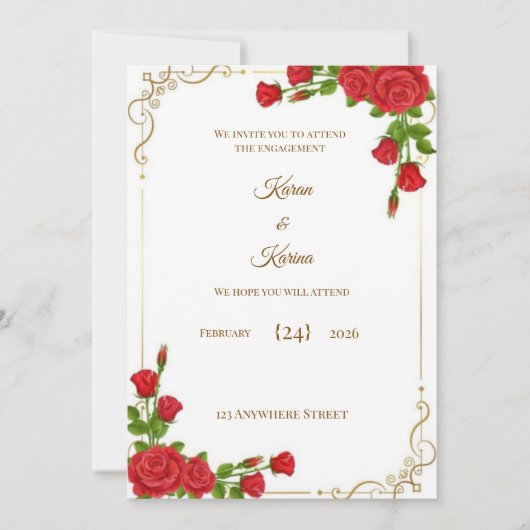 Elegant Red Rose Engagement Invitation with Gold C Kaart (Voorkant)
