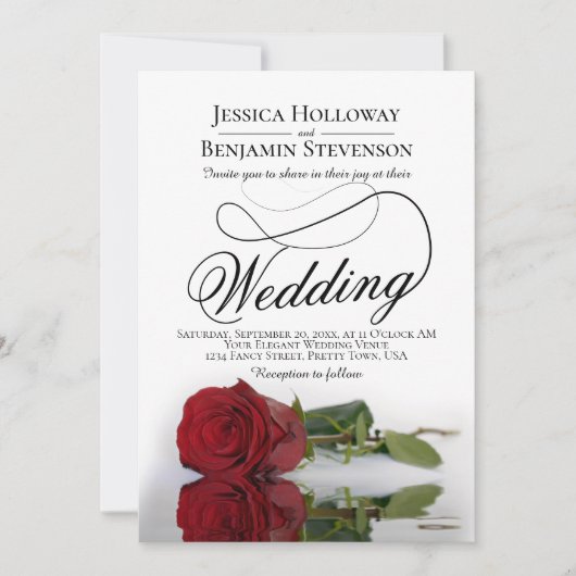 Elegant Red Rose Fancy Script QR Code Weddenschap Kaart (Voorkant)