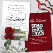 Elegant Red Rose Fancy Script QR Code Weddenschap Kaart