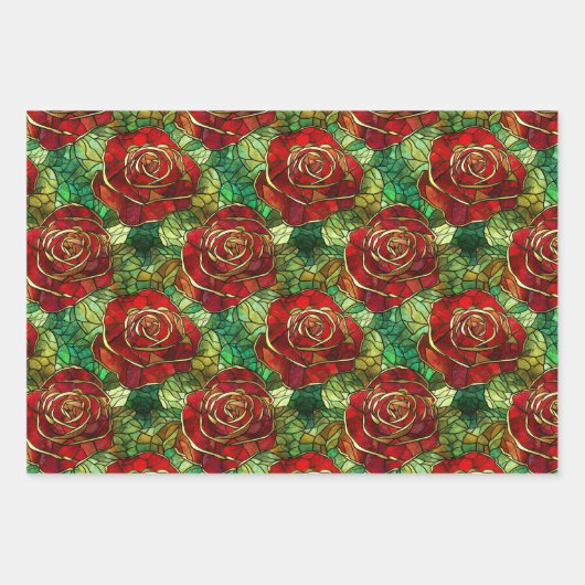 Elegant Red Rose Faux Glas in lood Patroon Inpakpapier Vel (Voorkant 3)