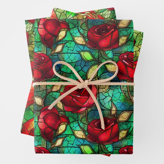 Elegant Red Rose Faux Glas in lood Patroon Inpakpapier Vel (In situ)