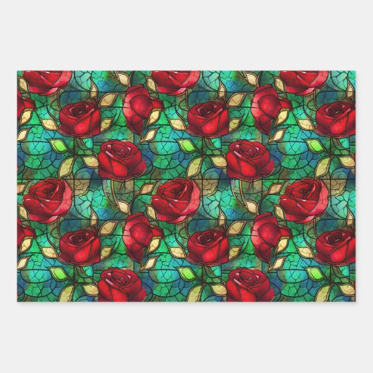 Elegant Red Rose Faux Glas in lood Patroon Inpakpapier Vel (Voorkant)