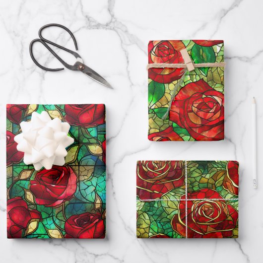 Elegant Red Rose Faux Glas in lood Patroon Inpakpapier Vel (Voorkant)