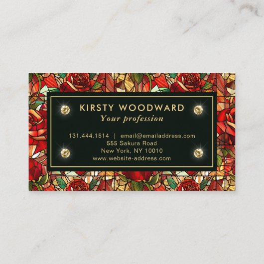 Elegant Red Rose Faux Glas in lood Patroon Visitekaartje (Achterkant)