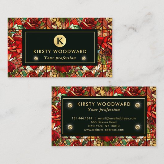 Elegant Red Rose Faux Glas in lood Patroon Visitekaartje (Voorkant / Achterkant)