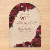 Elegant Red Rose Floral Arch 90th Birthday Party Acryl Uitnodigingen (Voorkant)