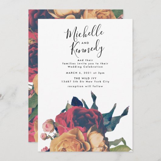 Elegant Red Rose Floral Botanical Boho Wedding Kaart (Voorkant / Achterkant)