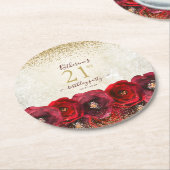 Elegant Red Rose Floral Gold 21st Birthday Party Ronde Kartonnen Onderzetter (Gebogen)
