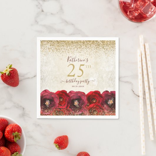 Elegant Red Rose Floral Gold 25th Birthday Party Servet (Insitu)