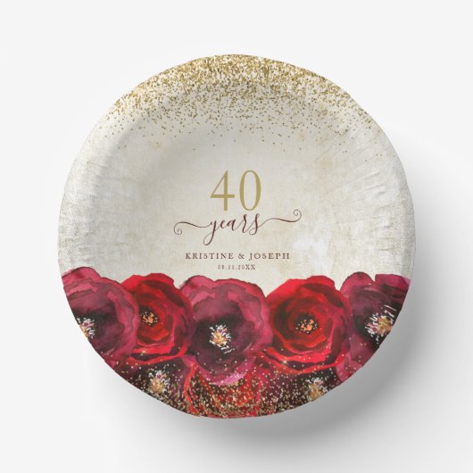 Elegant Red Rose Floral Gold 40th Anniversary Papieren Kommen (Voorkant)