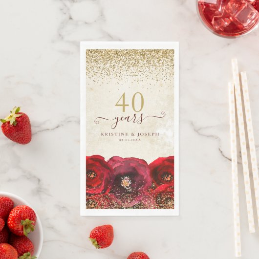 Elegant Red Rose Floral Gold 40th Anniversary Servet (Insitu)