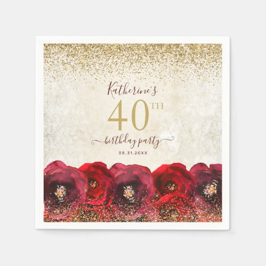 Elegant Red Rose Floral Gold 40th Birthday Party Servet (Voorkant)
