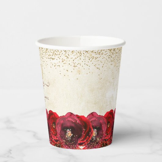 Elegant Red Rose Floral Gold 50th Anniversary Papieren Bekers (Links)
