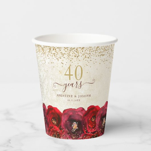 Elegant Red Rose Floral Gold 50th Anniversary Papieren Bekers (Voorkant)