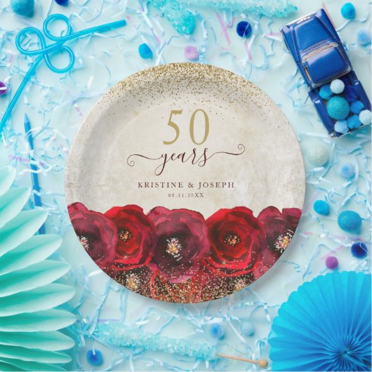 Elegant Red Rose Floral Gold 50th Anniversary Papieren Bordje (Feest)