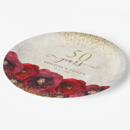 Elegant Red Rose Floral Gold 50th Anniversary Papieren Bordje (Gekanteld)