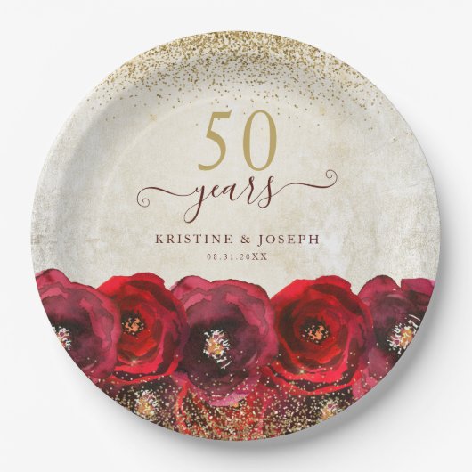 Elegant Red Rose Floral Gold 50th Anniversary Papieren Bordje (Voorkant)
