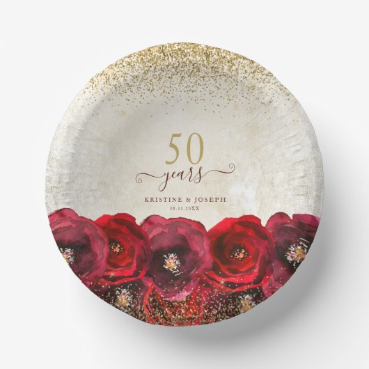 Elegant Red Rose Floral Gold 50th Anniversary Papieren Kommen (Voorkant)
