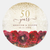 Elegant Red Rose Floral Gold 50th Anniversary Ronde Sticker (Voorkant)