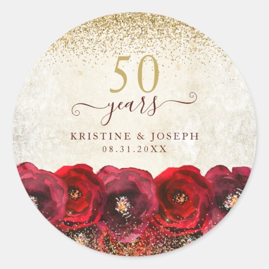 Elegant Red Rose Floral Gold 50th Anniversary Ronde Sticker (Voorkant)