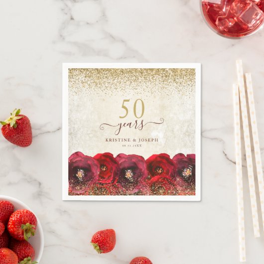 Elegant Red Rose Floral Gold 50th Anniversary Servet (Insitu)