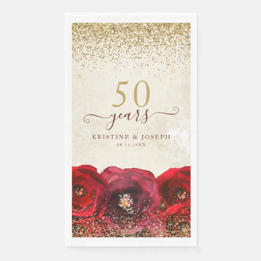 Elegant Red Rose Floral Gold 50th Anniversary Servet (Voorkant)