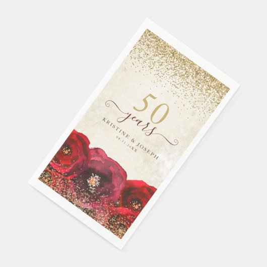 Elegant Red Rose Floral Gold 50th Anniversary Servet (Hoek)